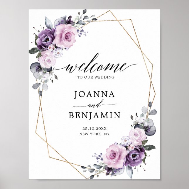Dusty Lila Blooms Geometric Wedding Willkommen Poster (Vorne)