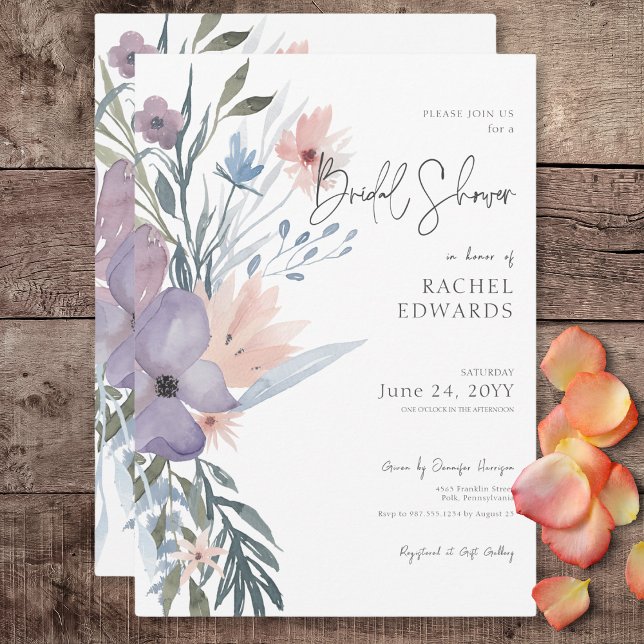 Dusty Lila & Blue Boho Floral Brautparty Einladung (Dusty Purple & Blue Boho Floral Bridal Shower Invitation)