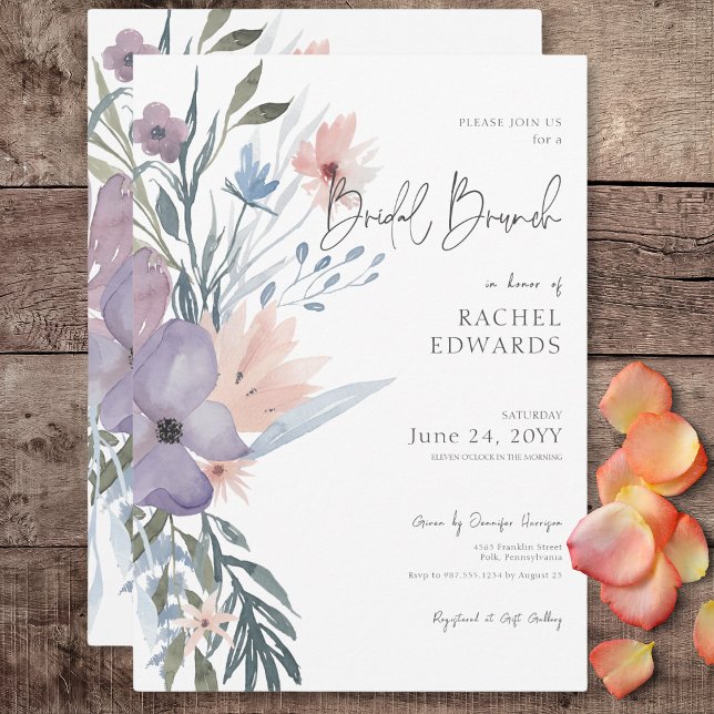 Dusty Lila & Blue Boho Floral Bridal Brunch Einladung (Dusty Purple & Blue Boho Floral Bridal Brunch Invitation)
