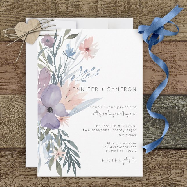 Dusty Lila & Blue Boho Floral Wedding Einladung (Von Creator hochgeladen)