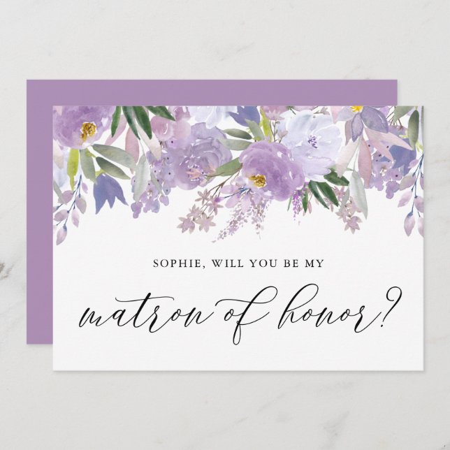 Dusty Lila Blume wirst du meine Ehrenmatrone sein Einladung (Vorne/Hinten)