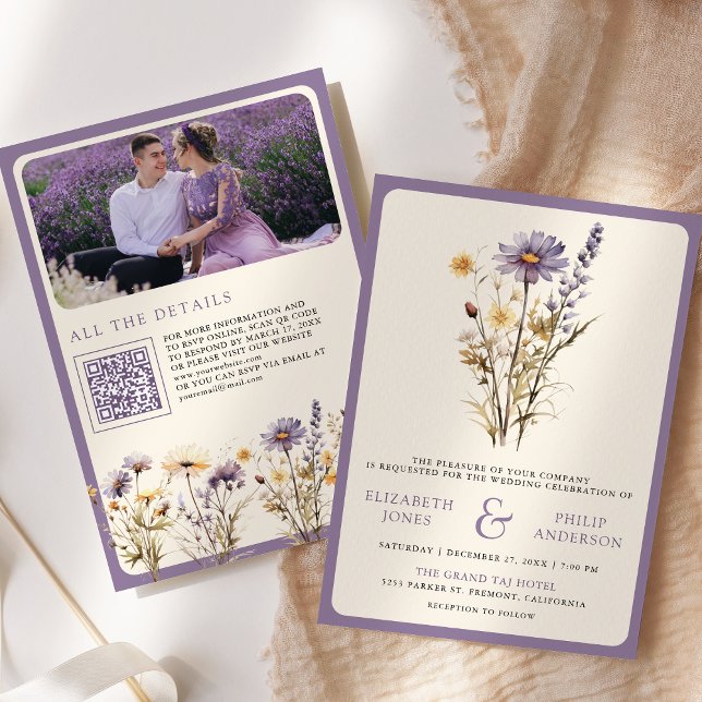 Dusty Lila Boho Wildblume Foto QR Code Hochzeit Einladung (Von Creator hochgeladen)