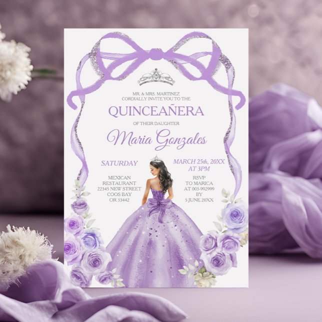 Dusty Lila Bow Prinzessin Silver Crown Quinceañera Einladung (Von Creator hochgeladen)