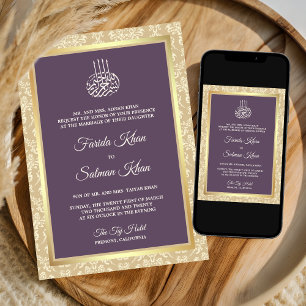 Dusty Lila Cream Damaske Islamische Hochzeit Einladung