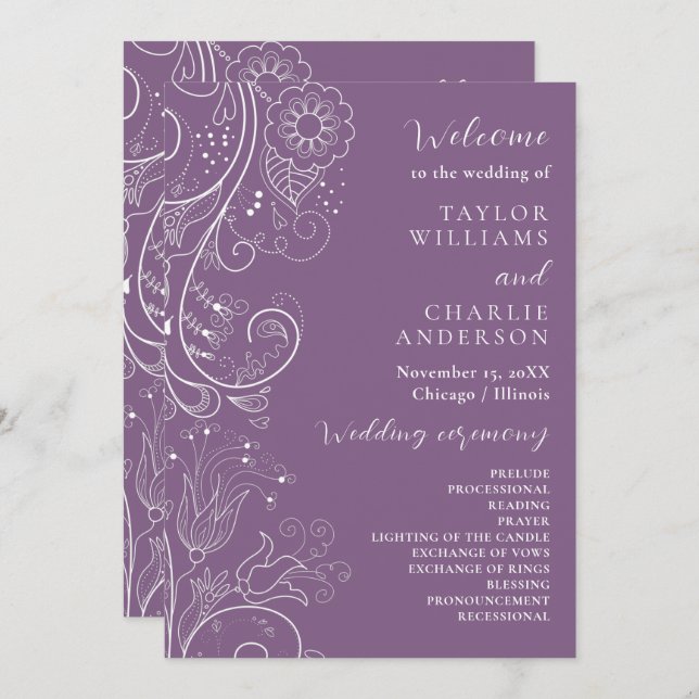Dusty Lila Elegant Floral Wedding Program Programm (Vorne/Hinten)