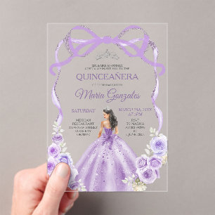 Dusty Lila Floral Bow Ribbon Silver Mis Quince Acryleinladungen