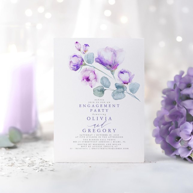 Dusty Lila Floral Elegante Engagement Party Einladung (Dusty Purple Floral Engagement Party Invitations)