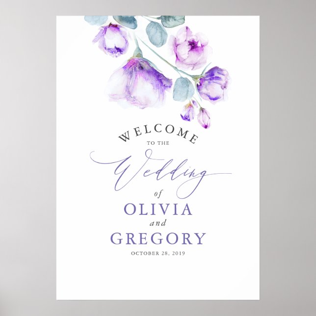 Dusty Lila Floral Elegante Hochzeit Begrüßungszeic Poster (Vorne)