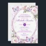 Dusty Lila Floral Girl Butterfly Quinceañera Einladung<br><div class="desc">EDITABLE Dusty Lila Floral Girl Butterfly Quinceañera Einladung Elegant Geometric Lilac Purple Blumen Mis Quince Einladung Spanisch Sweet 15.,  Mexican Girl 16. Geburtstag,  Mis XV Anos</div>