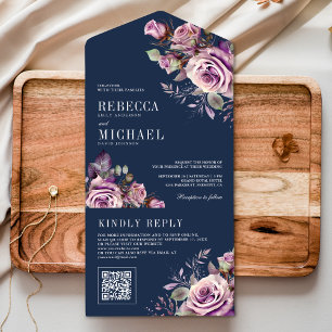 Dusty Lila Floral QR Code Navy Blue Wedding All In One Einladung