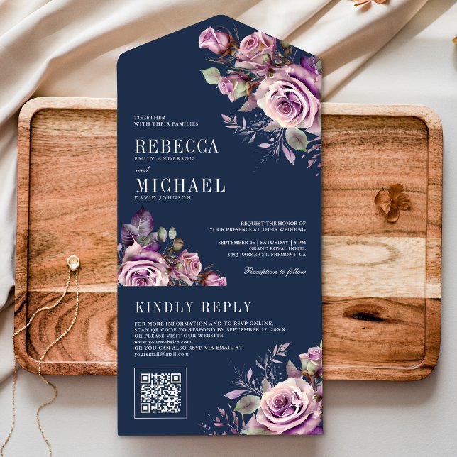Dusty Lila Floral QR Code Navy Blue Wedding All In One Einladung (Von Creator hochgeladen)