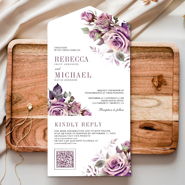 Dusty Lila Floral QR Code Wedding All In One Einladung (Von Creator hochgeladen)