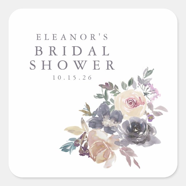Dusty Lila Floral Watercolor Name Brautparty Quadratischer Aufkleber (Vorderseite)
