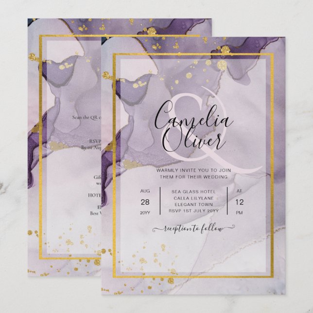 Dusty Lila Gold Alcohol INK Abstrakt Wedding Einladung (Vorne/Hinten)