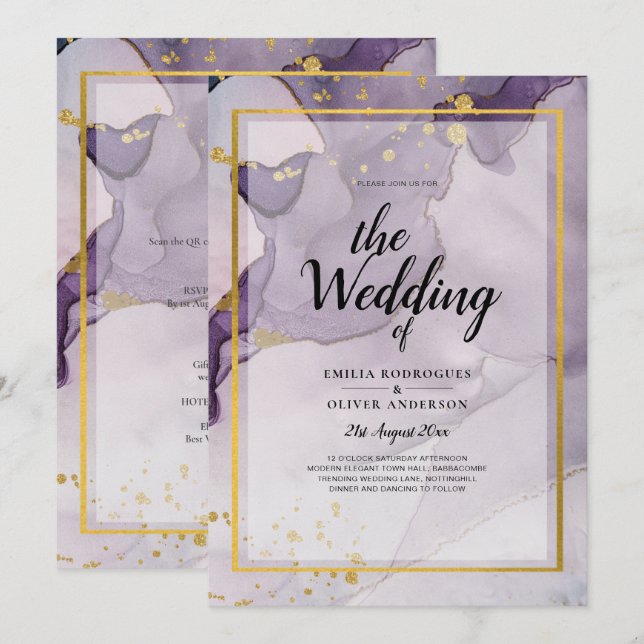 Dusty Lila Gold Alcohol INK Abstrakt Wedding Einladung (Vorne/Hinten)