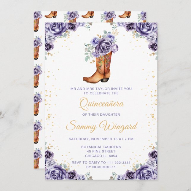 Dusty Lila Gold Floral Cowboy Boot Quinceañera Einladung (Vorne/Hinten)