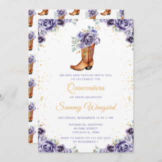 Dusty Lila Gold Floral Cowboy Boot Quinceañera Einladung