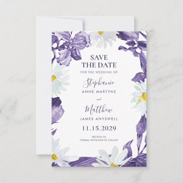 Dusty Lila Iris White Daisy Botanische Hochzeit Save The Date (Vorderseite)