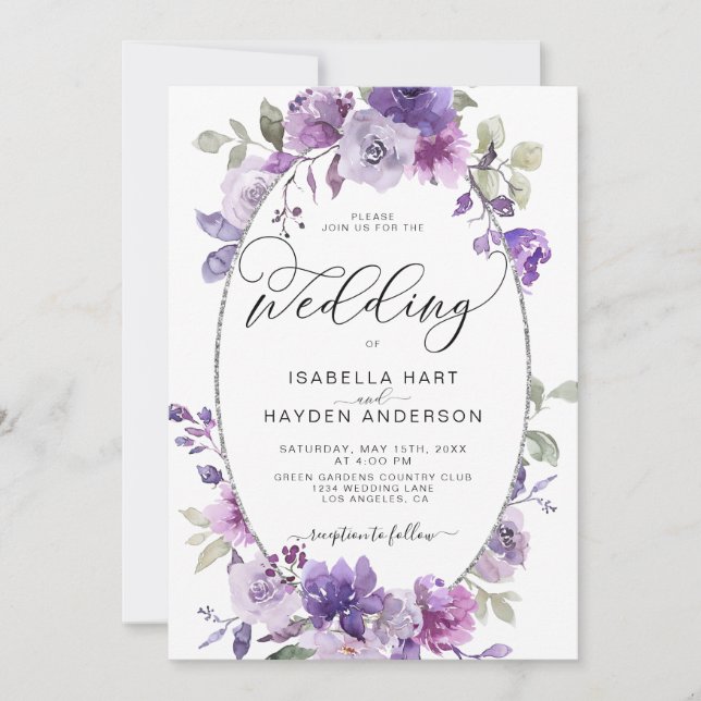 Dusty Lila Lilac MauveFloral Silver Foil Wedding Einladung (Vorderseite)