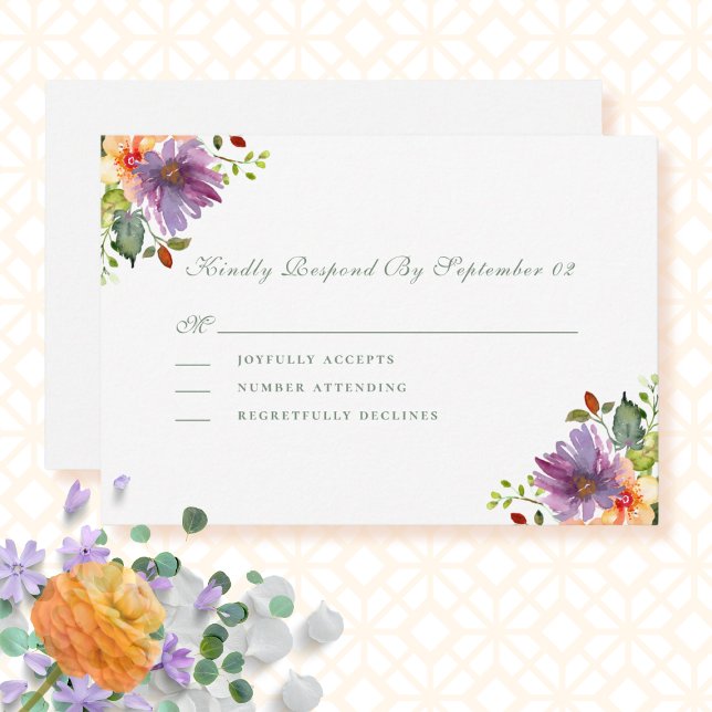 Dusty Lila Peach Watercolor Floral Wedding RSVP (Von Creator hochgeladen)