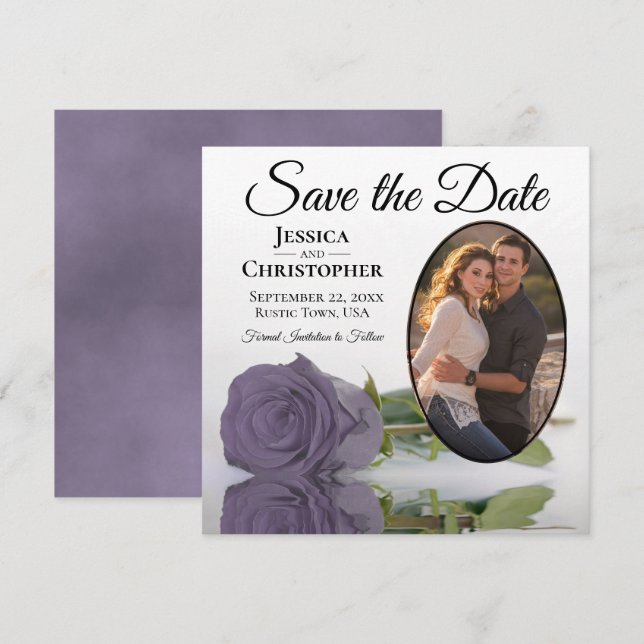 Dusty Lila Rose auf White Oval Foto Chic Wedding Save The Date (Vorne/Hinten)