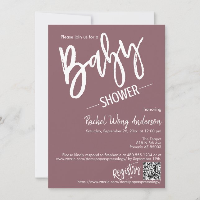 Dusty Lila Script Baby Shower QR Code Foto Einladung (Vorderseite)