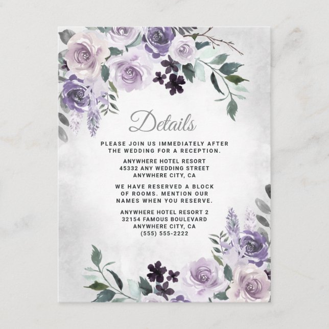 Dusty Lila und Silver Gray Floral Rustic Wedding Begleitkarte (Vorderseite)