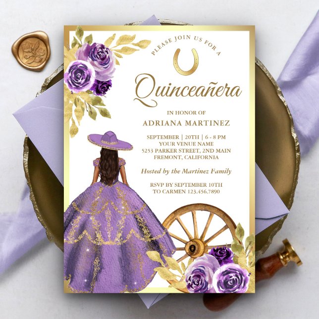 Dusty Lilac Floral Dress Charro Gold Quinceanera Einladung (Von Creator hochgeladen)