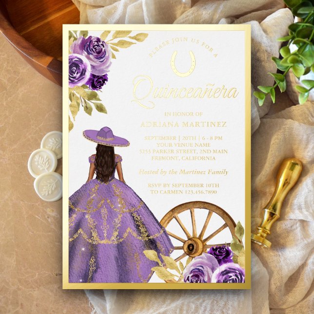 Dusty Lilac Floral Dress Charro Quinceanera Gold Folieneinladung (Von Creator hochgeladen)