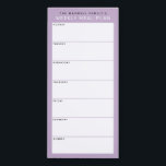Dusty Lilac Minimalistisch Einfache Familienplanun Magnetischer Notizblock<br><div class="desc">Schreiben Sie Ihre Abendessen auf diesem Magnettafel, damit Sie die wöchentlichen Mahlzeiten ganz einfach planen und auf Ihren Kühlschrank, Ihre Pantry-Tür oder Ihr Kommandozentrum legen können. Die schlichte, moderne Einrichtung in Weich, Pastellfarben lila, Schwarz und Weiß mit serifenlosen Schriftart wird jedem visuell organisierten Feinschmecker gefallen. Personalisieren Sie den Namenstext an...</div>