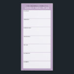 Dusty Lilac Minimalistisch Einfache Familienplanun Magnetischer Notizblock<br><div class="desc">Schreiben Sie Ihre Abendessen auf diesem Magnettafel, damit Sie die wöchentlichen Mahlzeiten ganz einfach planen und auf Ihren Kühlschrank, Ihre Pantry-Tür oder Ihr Kommandozentrum legen können. Die schlichte, moderne Einrichtung in Weich, Pastellfarben lila, Schwarz und Weiß mit serifenlosen Schriftart wird jedem visuell organisierten Feinschmecker gefallen. Personalisieren Sie den Namenstext an...</div>