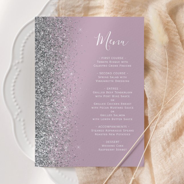 Dusty Lilac Silver Glitzer Wedding Menükarte (Von Creator hochgeladen)