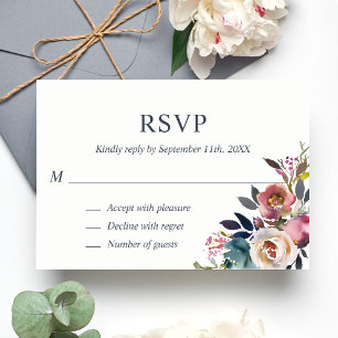 Dusty Mauve Blue Watercolor Floral RSVP Wedding Karte