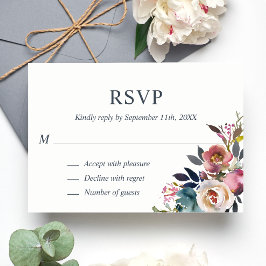 Dusty Mauve Blue Watercolor Floral UAWG Wedding RSVP Karte