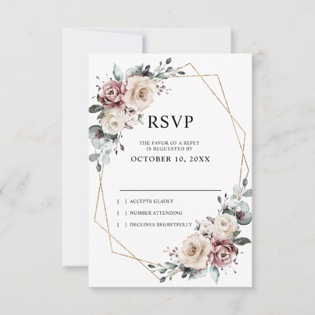 Dusty Mauve Eucalyptus Geometric Wedding RSVP Karte (Vorderseite)