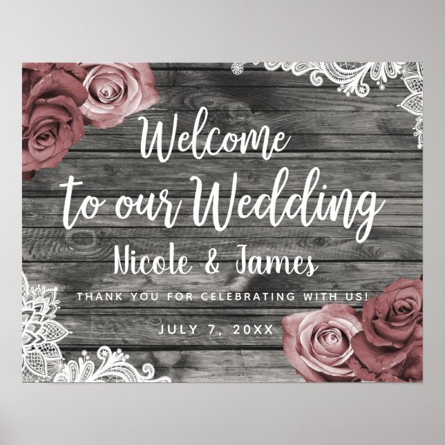 Dusty Mauve Floral Rose Rustic Wood Lace Wedding Poster (Vorne)