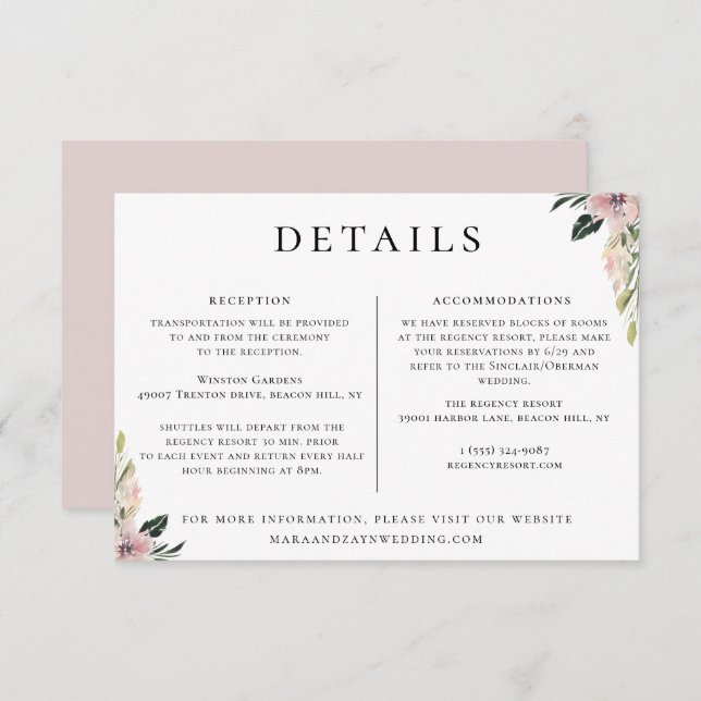 Dusty Mauve Floral Wedding Informationen Einladung (Vorne/Hinten)