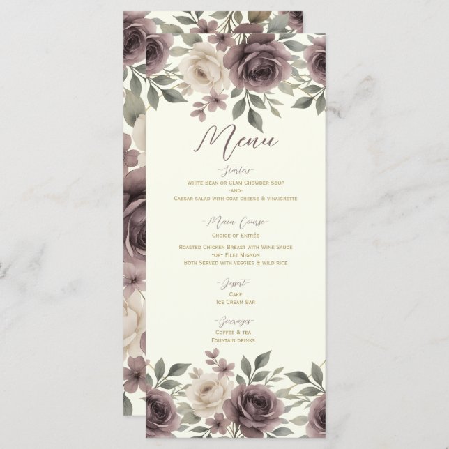 Dusty Mauve & Ivory Bloom Botanical Wedding Menu Menükarte (Vorne/Hinten)