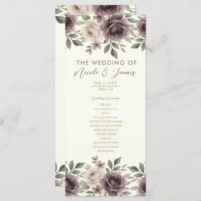 Dusty Mauve Ivory Bloom Botanical Wedding Program Menükarte (Vorne/Hinten)