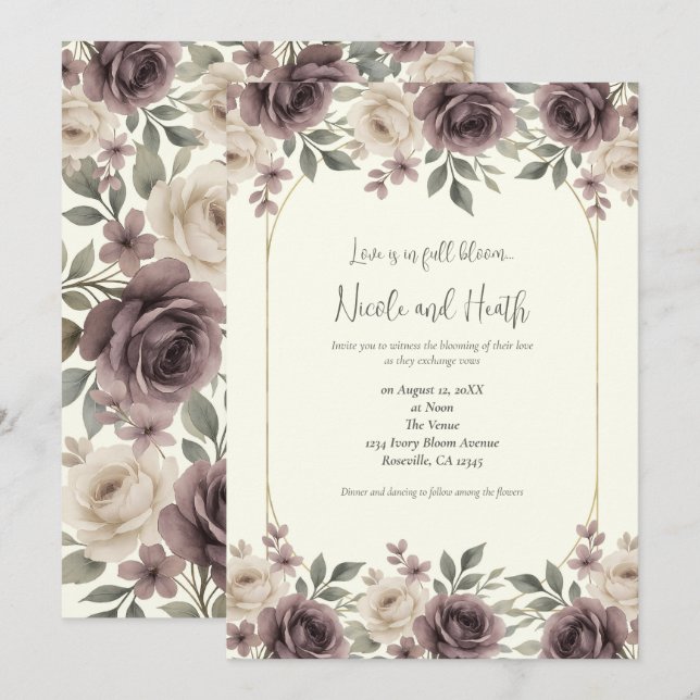 Dusty Mauve & Ivory Bloom Botanische Hochzeit Einladung (Vorne/Hinten)