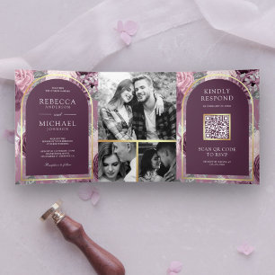 Dusty Mauve Lila Floral Arch QR Code Wedding Dreifach Gefaltete Einladung