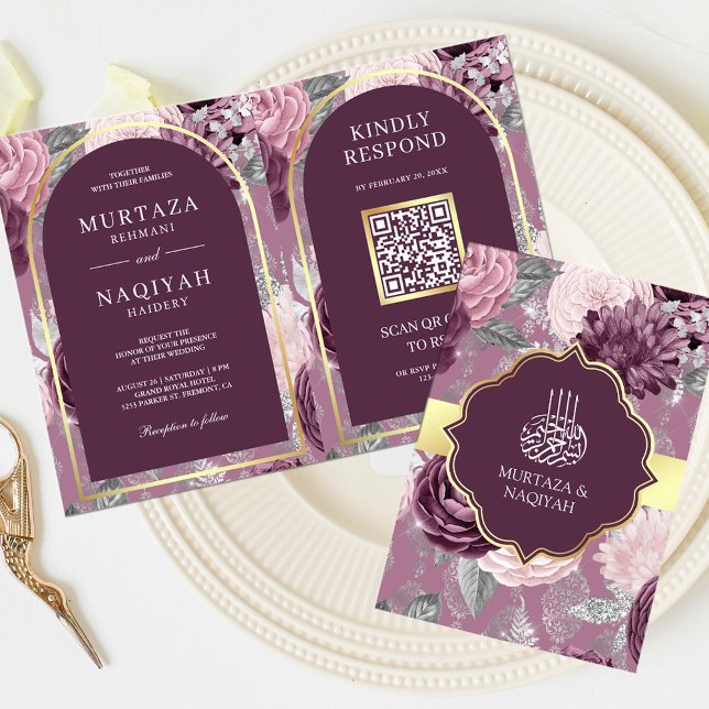 Dusty Mauve Lila Floral QR Code Muslim Hochzeit Einladung (Von Creator hochgeladen)