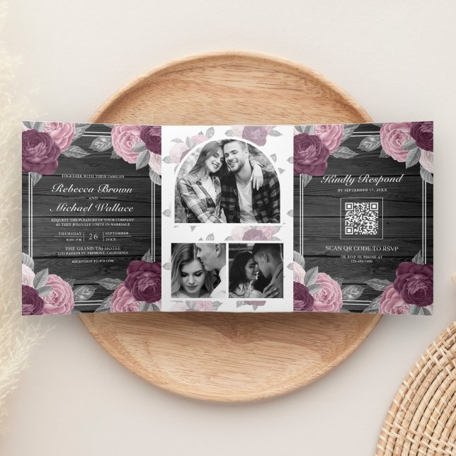 Dusty Mauve Lila Pink Rose QR Code Hochzeit Holz Dreifach Gefaltete Einladung (Von Creator hochgeladen)