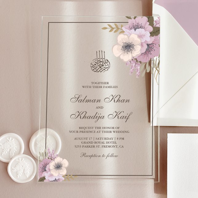 Dusty Mauve Pink Floral Islamic Muslim Wedding Acryleinladungen (Von Creator hochgeladen)