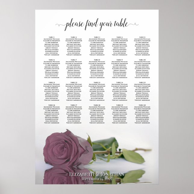 Dusty Mauve Rose 20 Table Wedding Seating Chart Poster (Vorne)