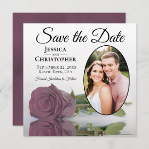 Dusty Mauve Rose auf Weiß mit Oval Foto Hochzeit Save The Date