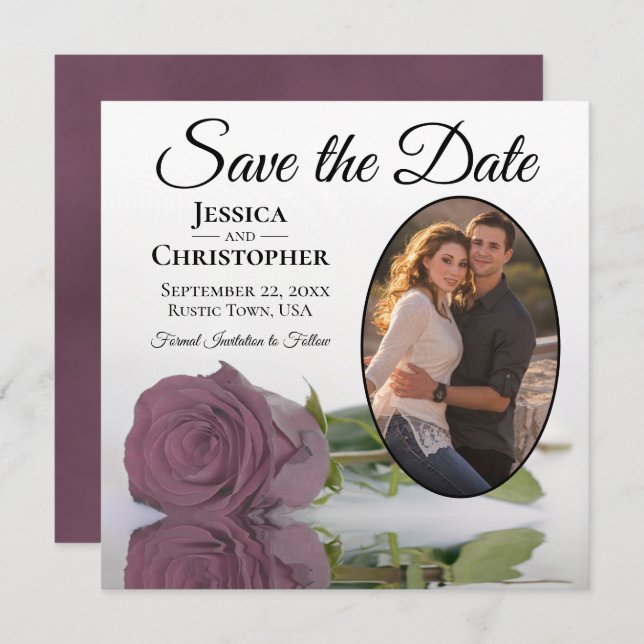 Dusty Mauve Rose auf Weiß mit Oval Foto Hochzeit Save The Date (Vorne/Hinten)