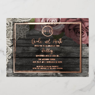 Dusty Mauve Rose Pink Wood Lace Rustikale Hochzeit Folieneinladung