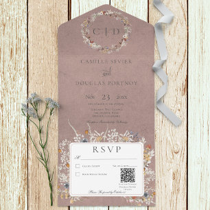 Dusty Mauve Vintag Romantische Wildblume QR Code All In One Einladung