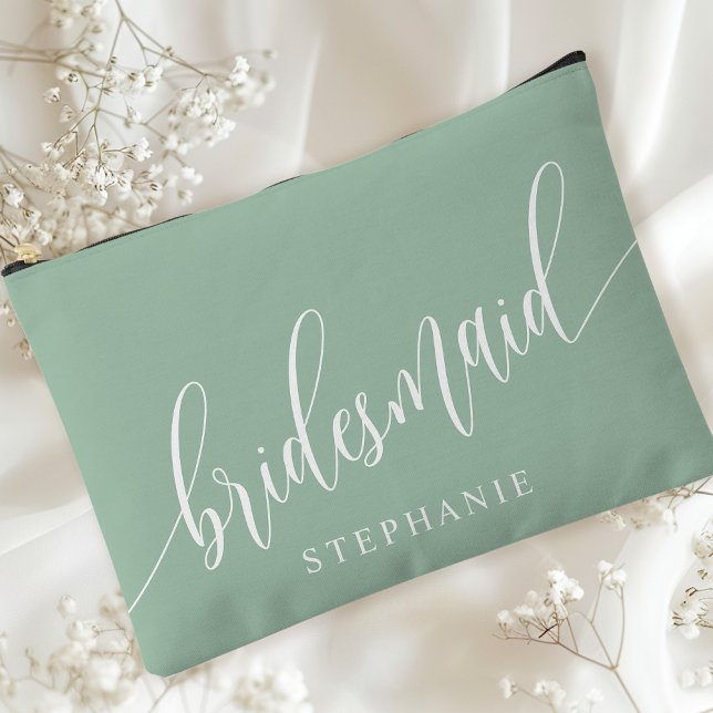 Dusty Mint Bridesmaid Moderne Kalligrafie Zubehörtasche (Von Creator hochgeladen)